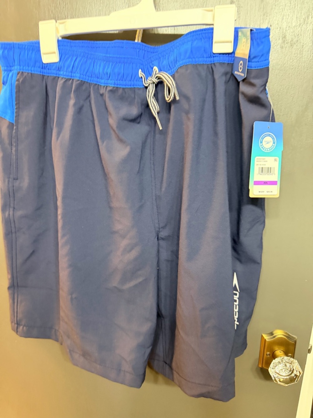 Speedo Menโs Navy Swim Trunks with Bright Blue Waistband